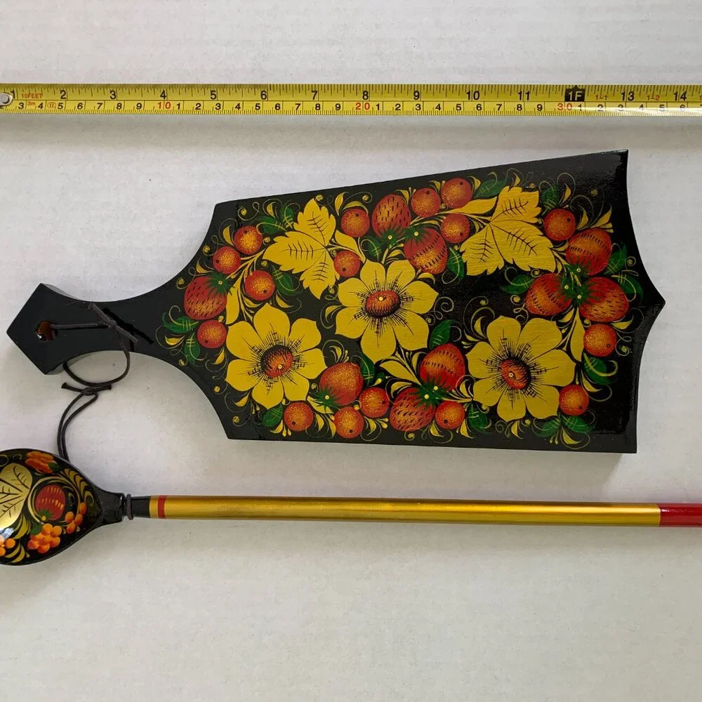Wooden cutting board Russian long-handled spoon folk style painting Khokhloma